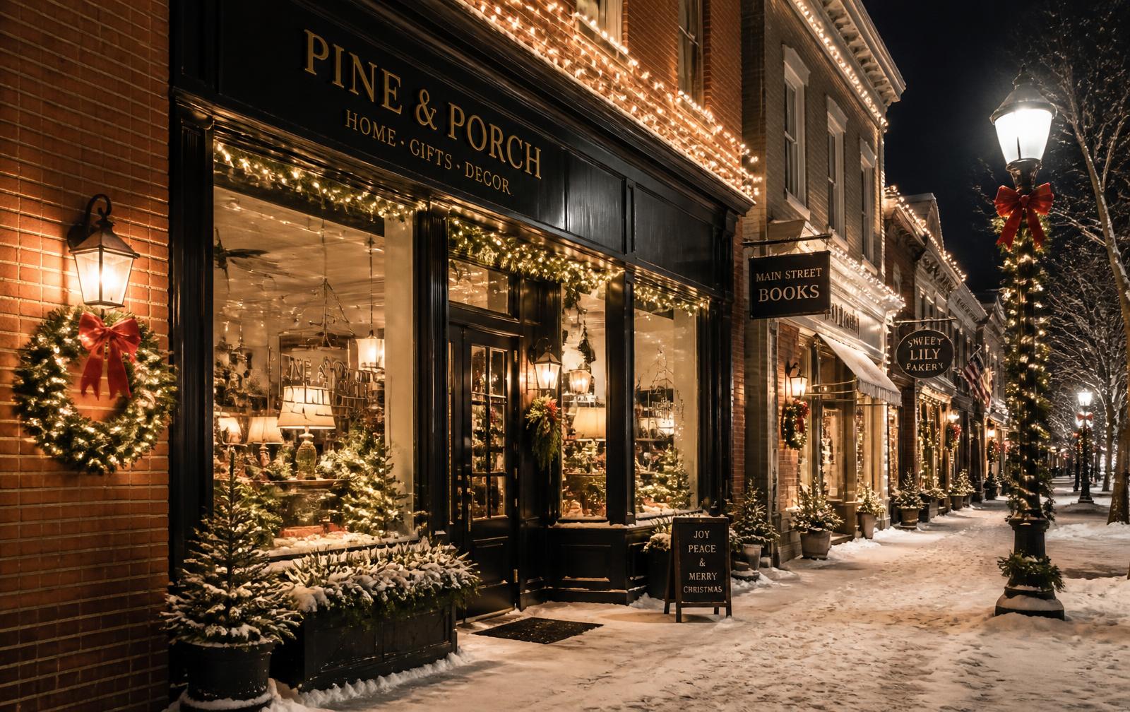 Storefront decorated with warm white commercial holiday lighting and wreaths