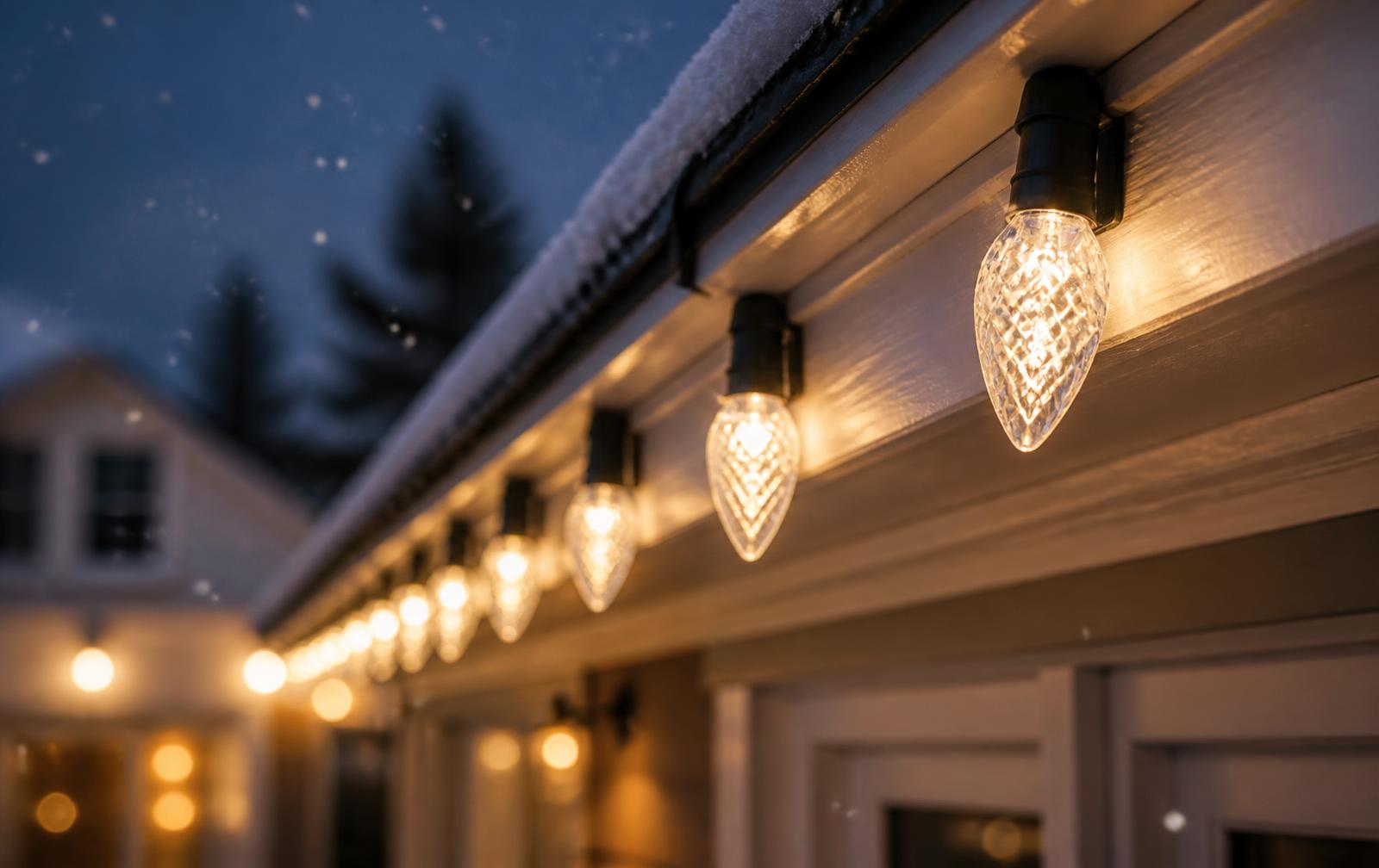 Close-up of warm white holiday bulbs clipped along a clean roofline