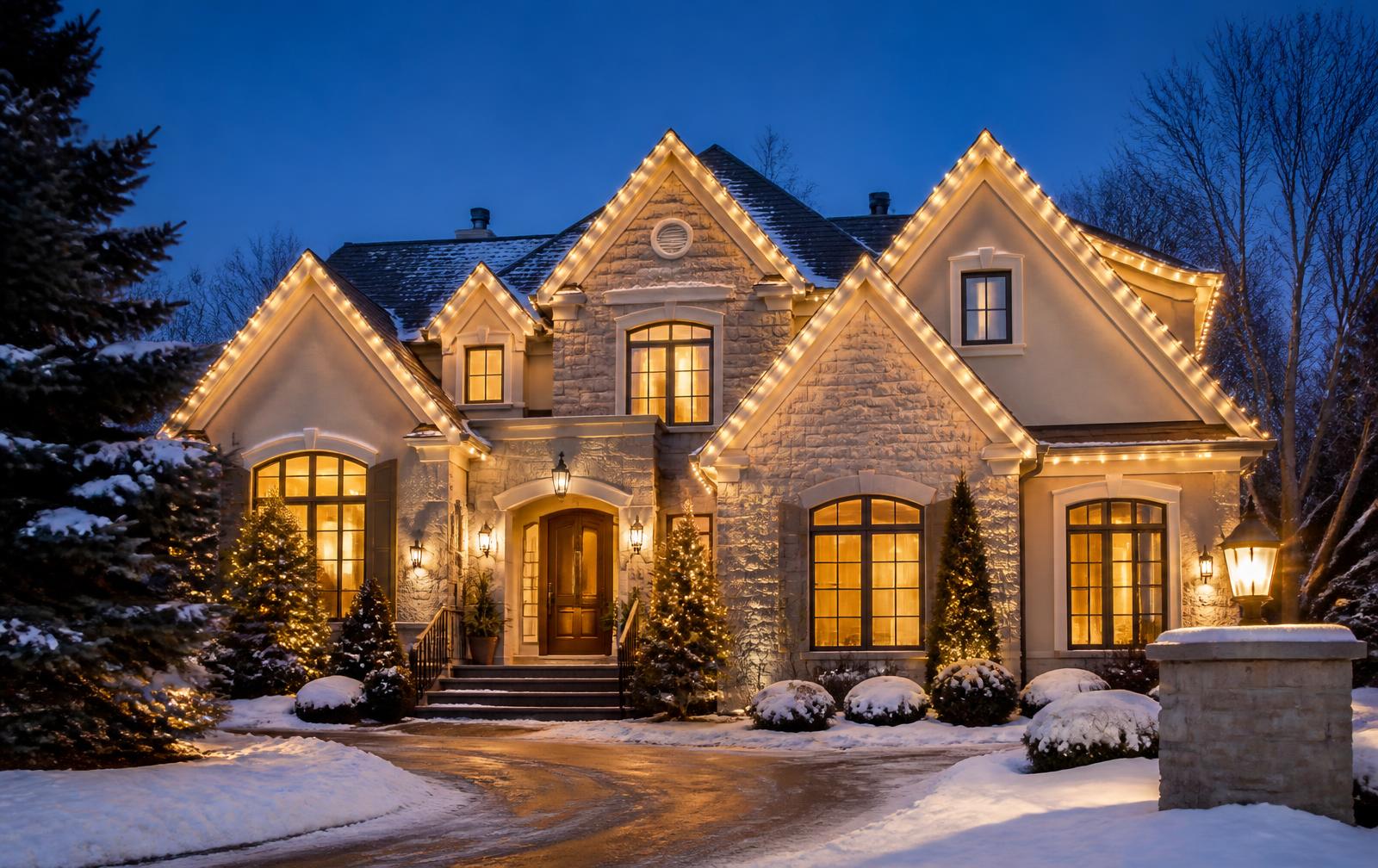 Home with warm white holiday roofline lighting on a snowy winter evening